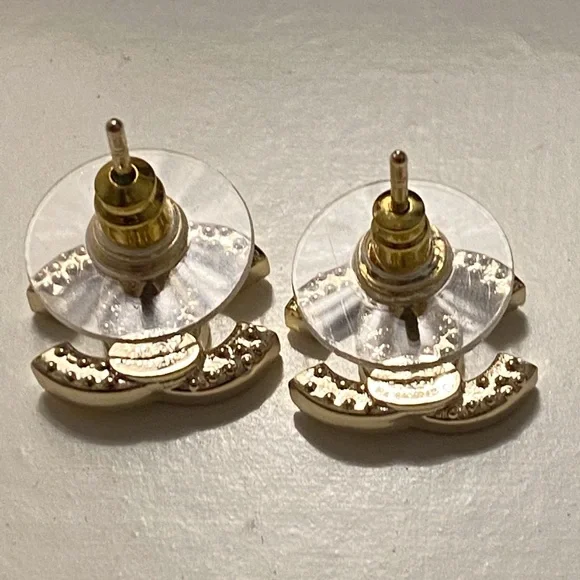 Chanel Gold Metal and Silver Crystal Mini Tiny Classic Stud Earrings - Picture 4 of 10